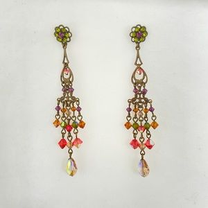 Liz Palacios Swarovski crystal vintage earrings in green, coral and antique gold